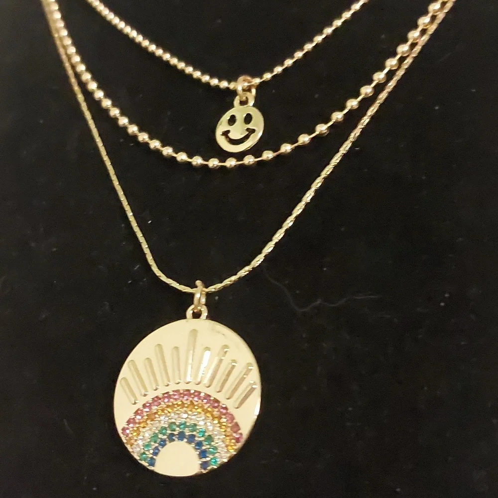 Gold Toned Three Strand Rainbow Smiley Face Ball Chain Necklace